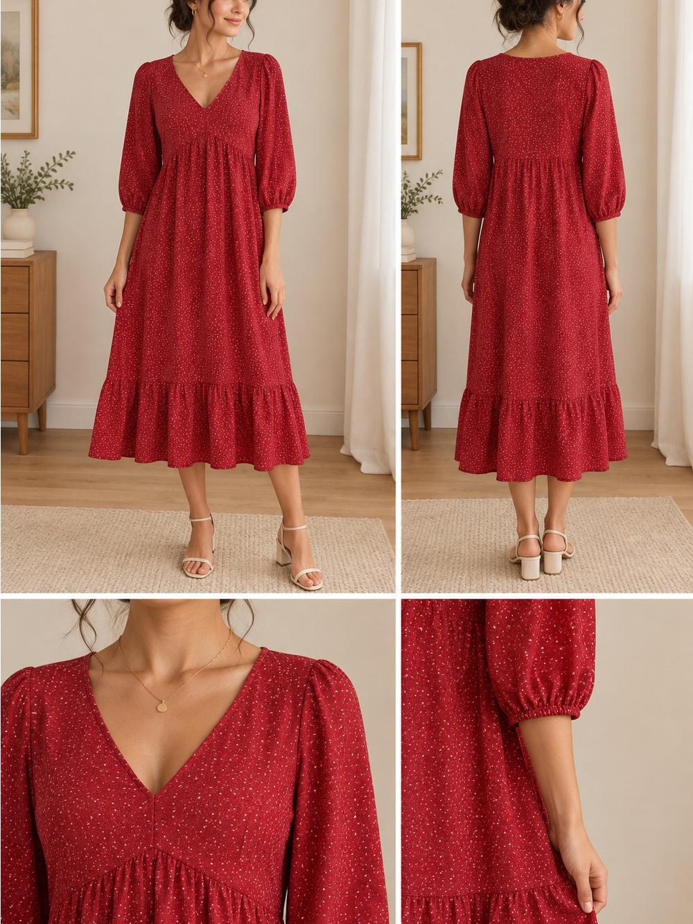 GAP Red V-Neck Midi Dress with Puff Sleeves